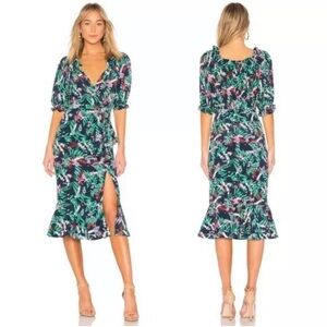 NWT Saloni Midnight Fern Olivia Dress size 4 100% Silk Midi Botanical Waist Tie